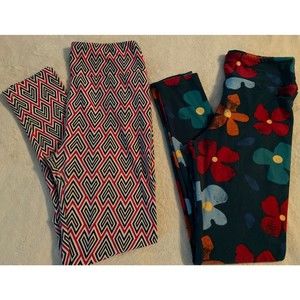 2 Pair LuLaRoe Leggings Women's One Size Floral & Stripes